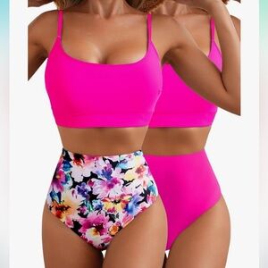 Herseas- Neon Pink and floral reversible 2 piece swim bikini- M-
